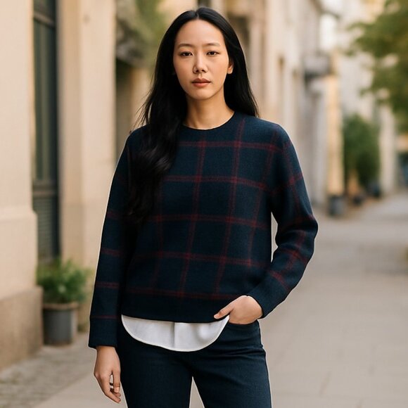 NWT ANNE KLEIN GREEN PLAID BUTTON DOWN INSERT SHIRT SWEATER GREEN SMALL - Picture 1 of 11